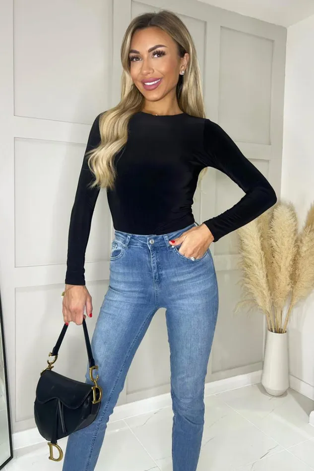 AX Paris Black Round Neck Long Sleeve Slinky Bodysuit Women Bodysuits
