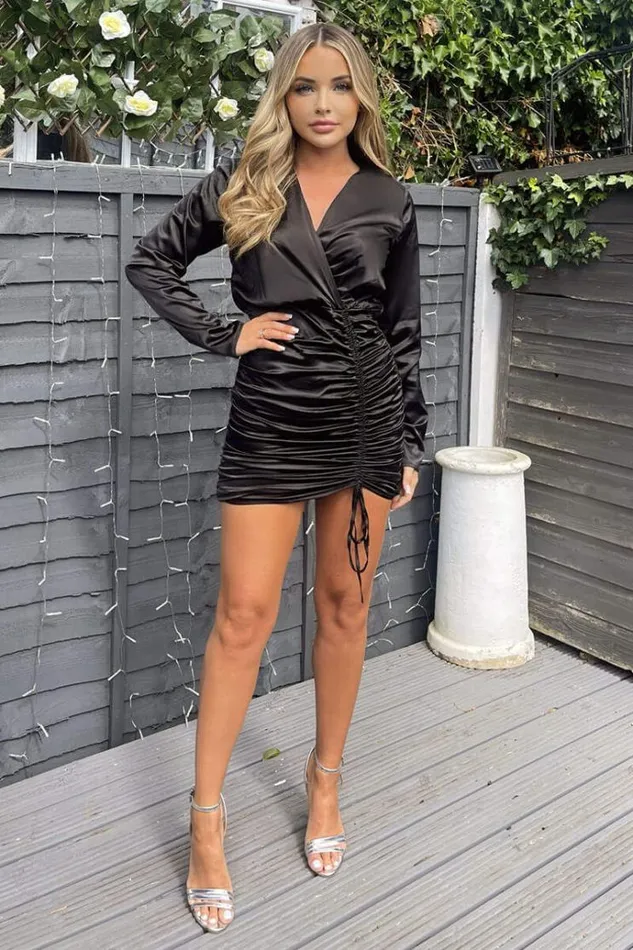 AX Paris Black Satin Long Sleeve Wrap Top Ruched Mini Dress Women Dresses