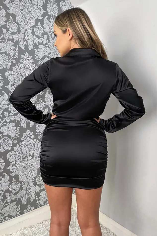 AX Paris Black Satin Long Sleeve Wrap Top Ruched Mini Dress Women Dresses
