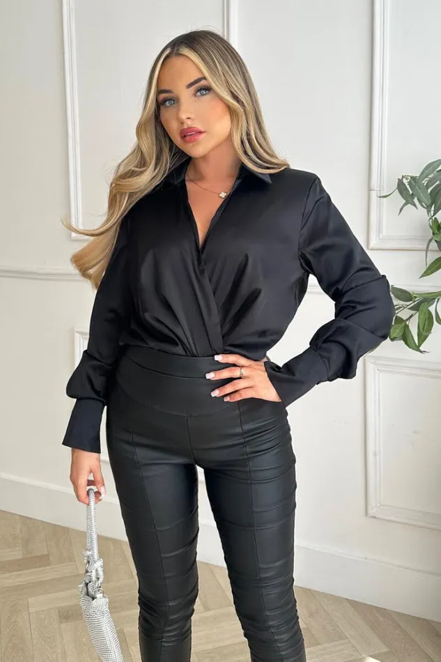 AX Paris Black Satin Wrap Shirt Bodysuit Women Bodysuits
