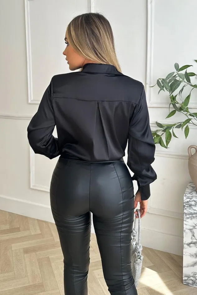 AX Paris Black Satin Wrap Shirt Bodysuit Women Bodysuits