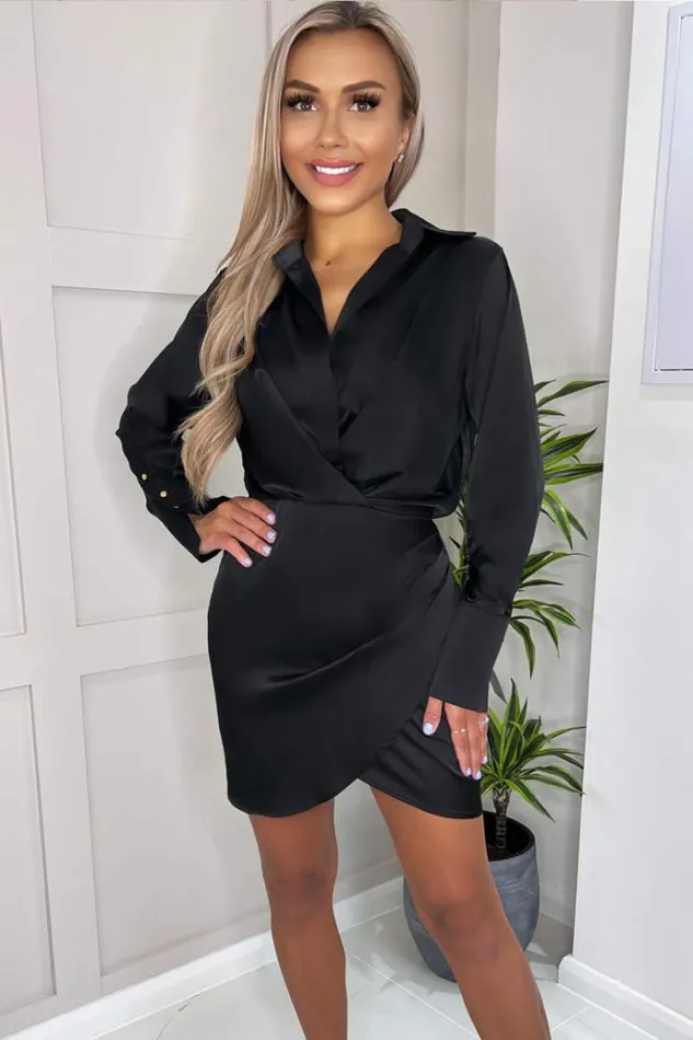 AX Paris Black Satin Wrap Shirt Dress Women Dresses