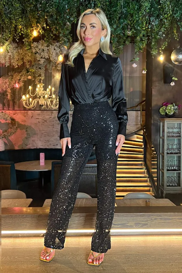 AX Paris Black Sequin High Waist Trousers Women Trousers and Leggings