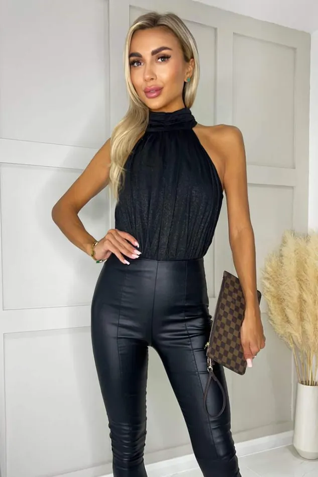 AX Paris Black Shimmer Halterneck Bodysuit Women Tops