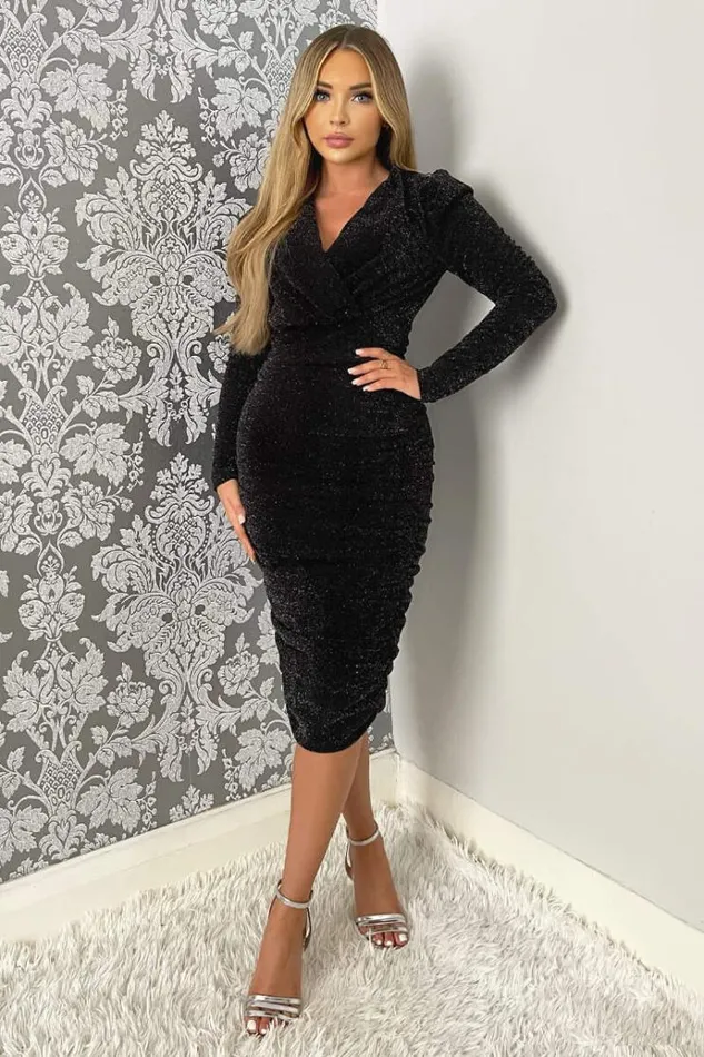 AX Paris Black Shimmer Long Sleeve Wrap Top Ruched Midi Bodycon Dress Women Dresses AX Paris Black Shimmer Long Sleeve Wrap Top Ruched Midi Bodycon Dress Women Dresses