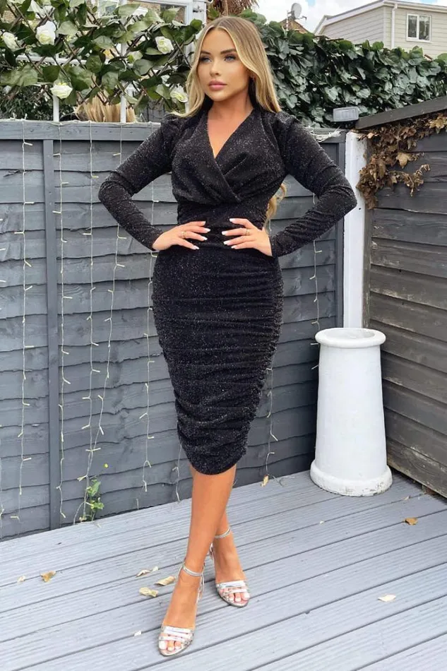 AX Paris Black Shimmer Long Sleeve Wrap Top Ruched Midi Bodycon Dress Women Dresses