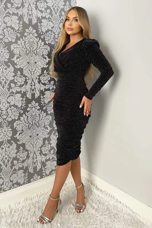 AX Paris Black Shimmer Long Sleeve Wrap Top Ruched Midi Bodycon Dress Women Dresses