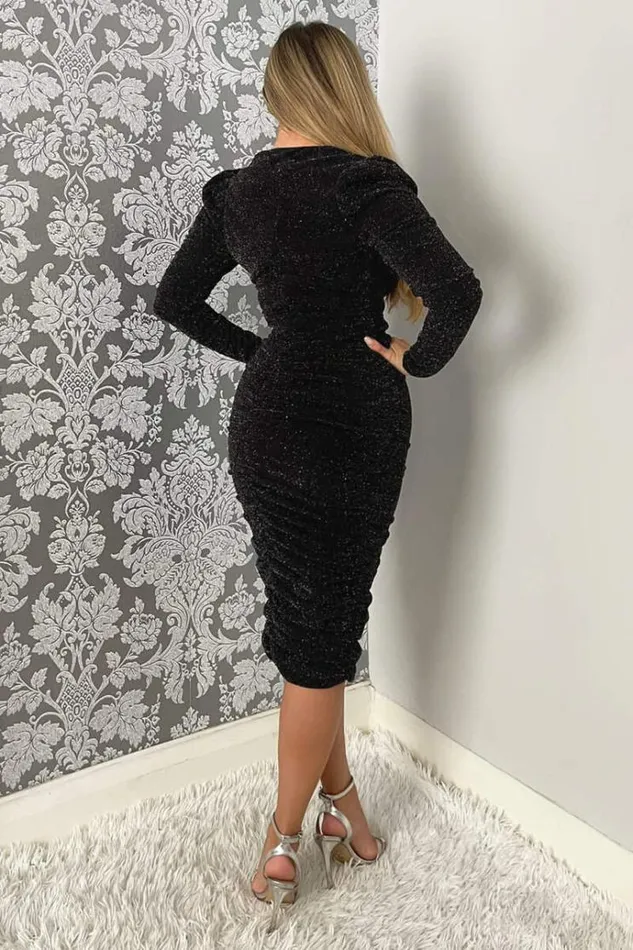 AX Paris Black Shimmer Long Sleeve Wrap Top Ruched Midi Bodycon Dress Women Dresses