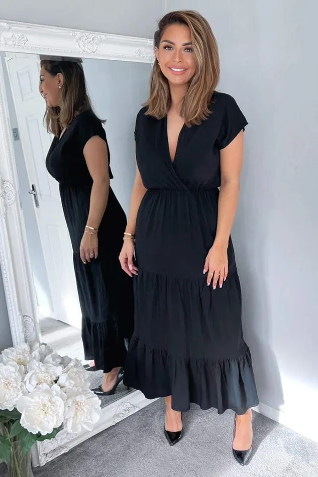 AX Paris Black Short Sleeved VNeck Midi Smock Dress Women Dresses