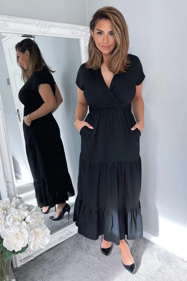 AX Paris Black Short Sleeved VNeck Midi Smock Dress Women Dresses