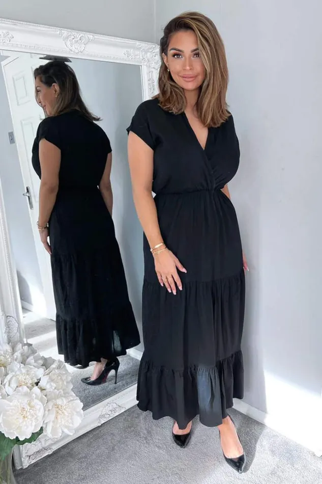 AX Paris Black Short Sleeved VNeck Midi Smock Dress Women Dresses