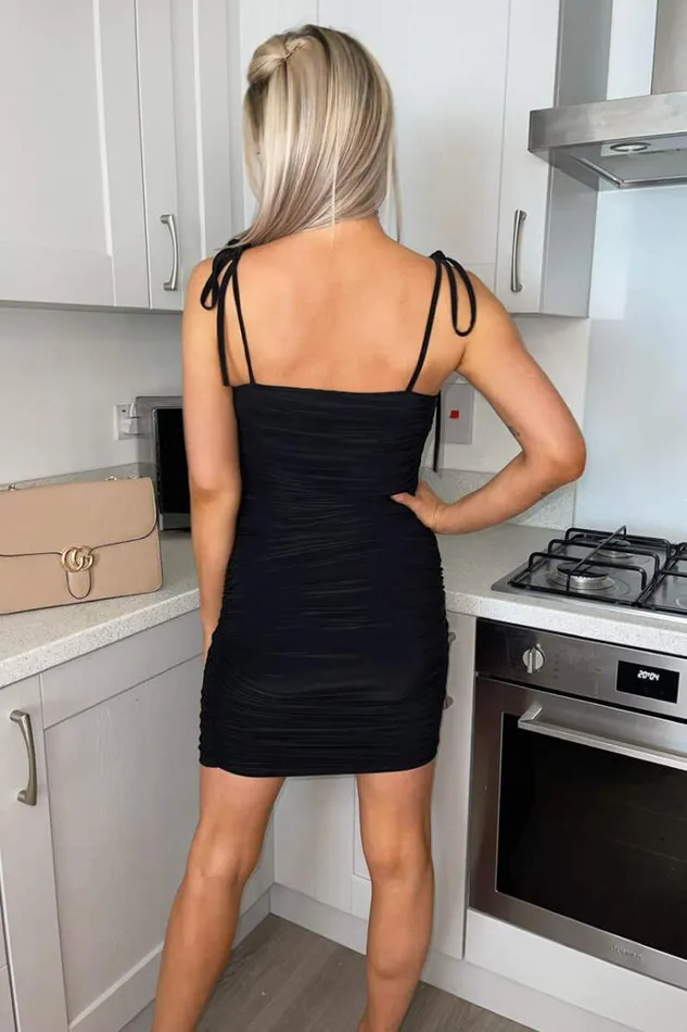 AX Paris Black Slinky Tie Strap Ruched Bodycon Dress Women Dresses