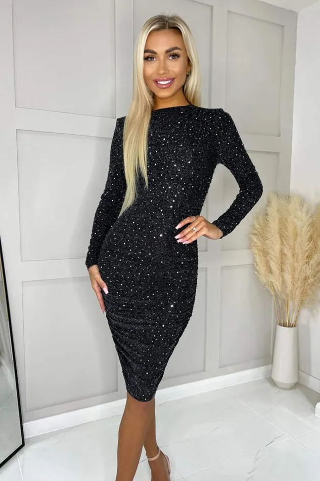 AX Paris Black Sparkle And Sequin Long Sleeve Ruched Bodycon Midi Dress Women Dresses AX Paris Black Sparkle And Sequin Long Sleeve Ruched Bodycon Midi Dress Women Dresses