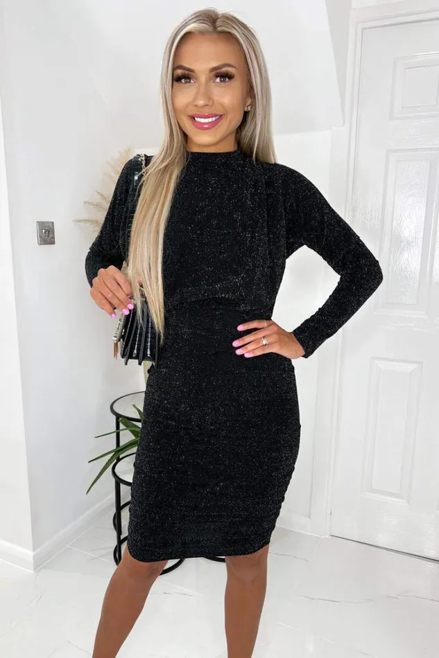 AX Paris Black Sparkle High Neck Ruched Mini Dress Women Dresses