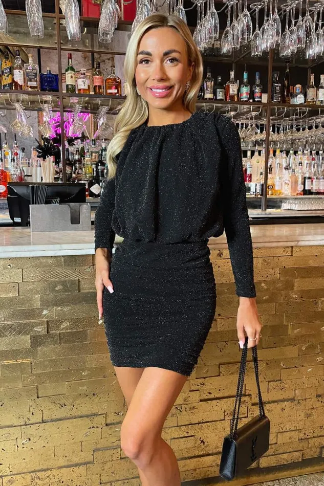 AX Paris Black Sparkly Long Sleeve Ruched Mini Dress Women Dresses