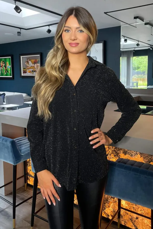 AX Paris Black Sparkly Long Sleeve Shirt Women Coords