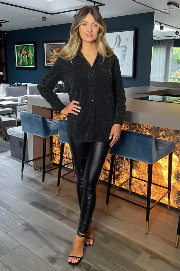 AX Paris Black Sparkly Long Sleeve Shirt Women Coords