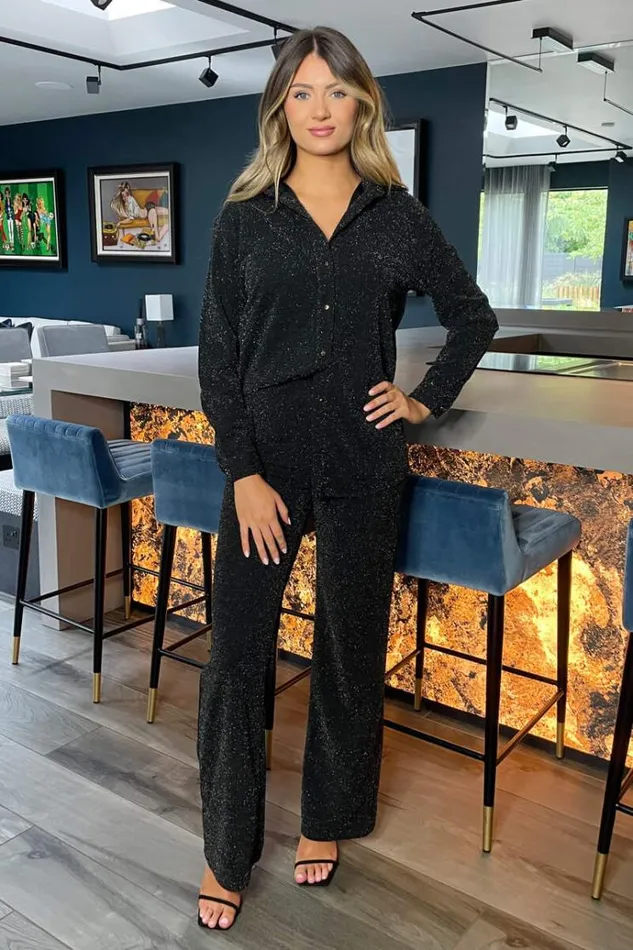AX Paris Black Sparkly Long Sleeve Shirt Women Coords