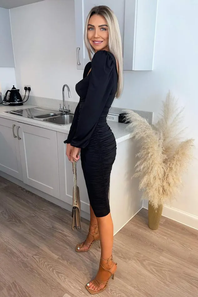 AX Paris Black Square Neck Ruched Long Sleeve Midi Dress Women Dresses
