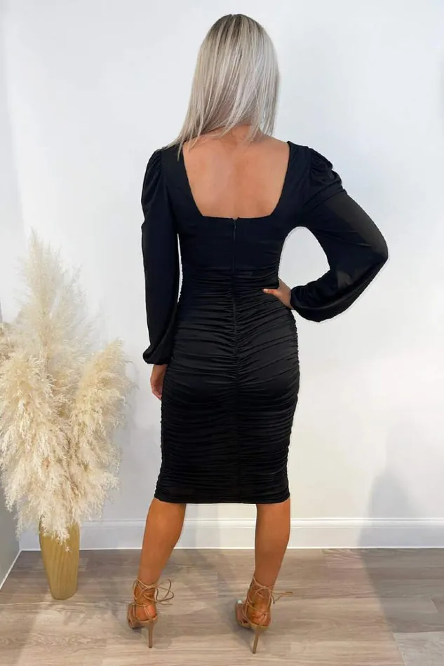 AX Paris Black Square Neck Ruched Long Sleeve Midi Dress Women Dresses