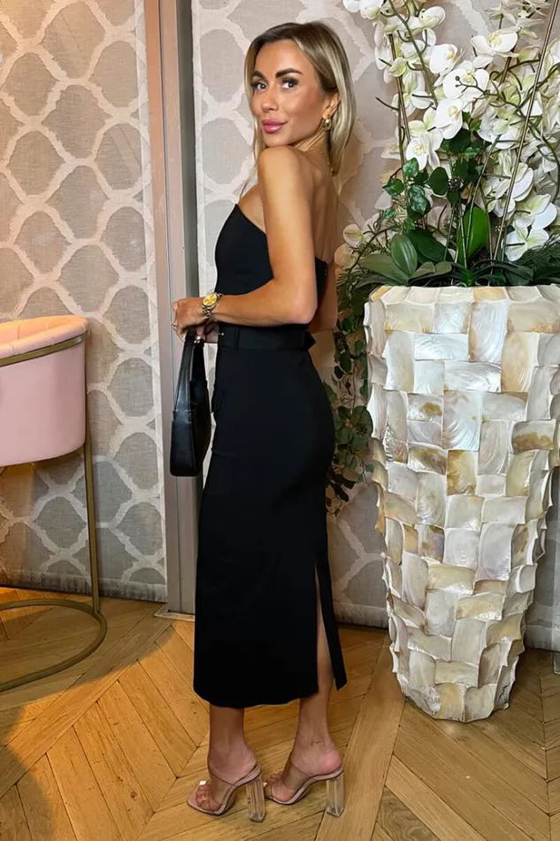 AX Paris Black Stretch Cotton Strapless Belted Bodycon Midi Dress Women Dresses