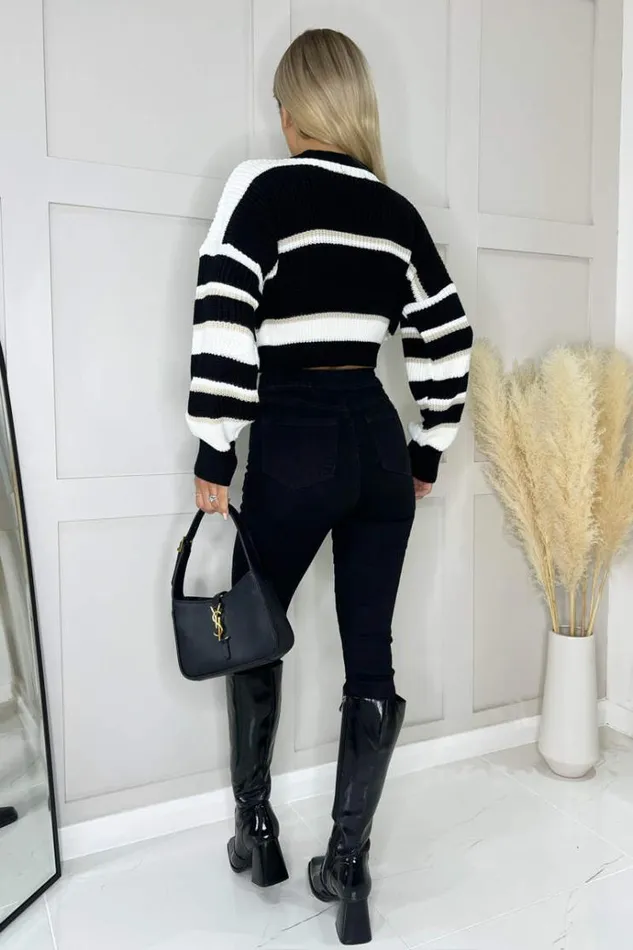 AX Paris Black Striped Long Sleeve Cropped Jumper Women Knitwear