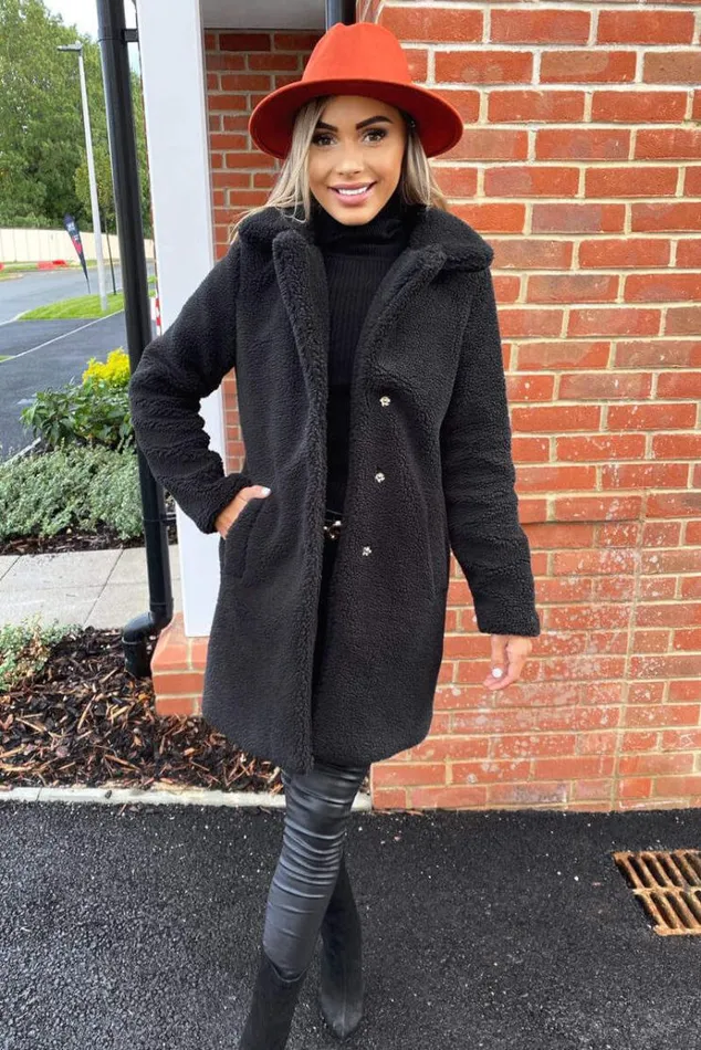 AX Paris Black Teddy Faux Fur Coat With Collar Women Coats and Jackets