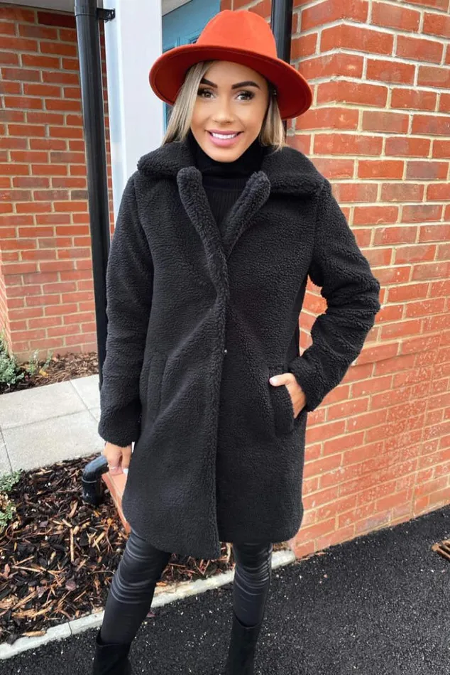 AX Paris Black Teddy Faux Fur Coat With Collar Women Coats and Jackets