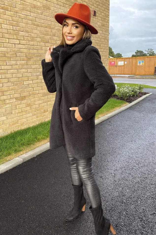 AX Paris Black Teddy Faux Fur Coat With Collar Women Coats and Jackets
