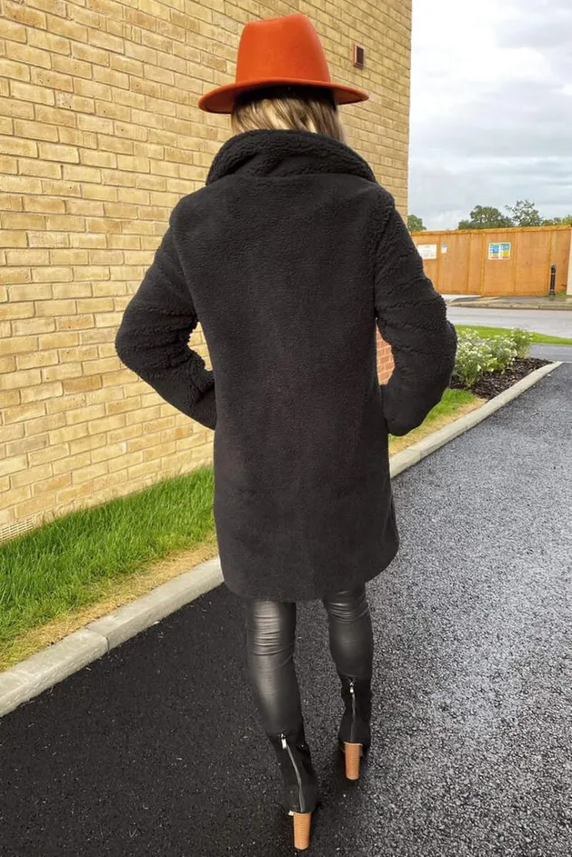 AX Paris Black Teddy Faux Fur Coat With Collar Women Coats and Jackets