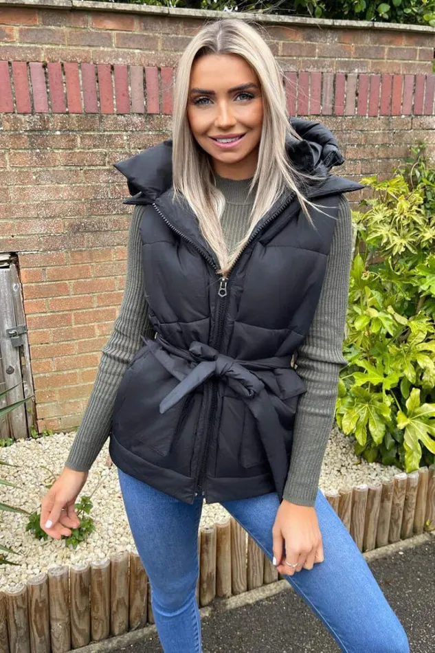 AX Paris Black Tie Waist Hooded Gilet Women Coats and Jackets