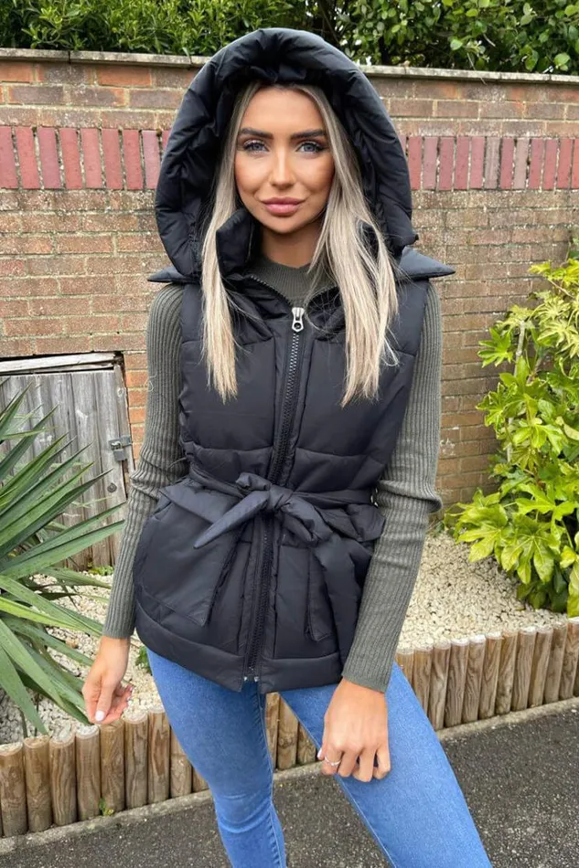 AX Paris Black Tie Waist Hooded Gilet Women Coats and Jackets