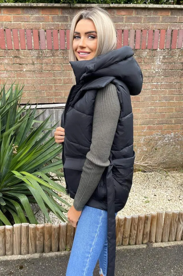 AX Paris Black Tie Waist Hooded Gilet Women Coats and Jackets