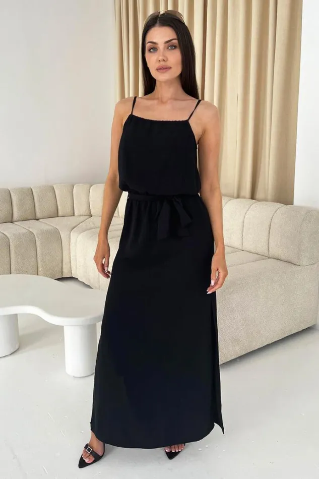 AX Paris Black Tie Waist Strappy Split Leg Midi Dress Women Dresses