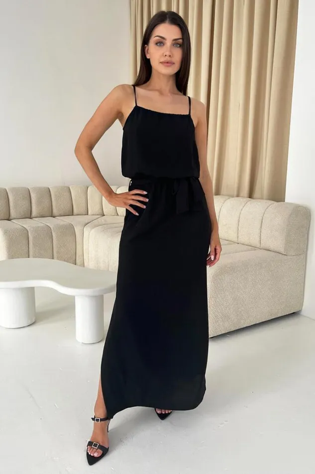 AX Paris Black Tie Waist Strappy Split Leg Midi Dress Women Dresses