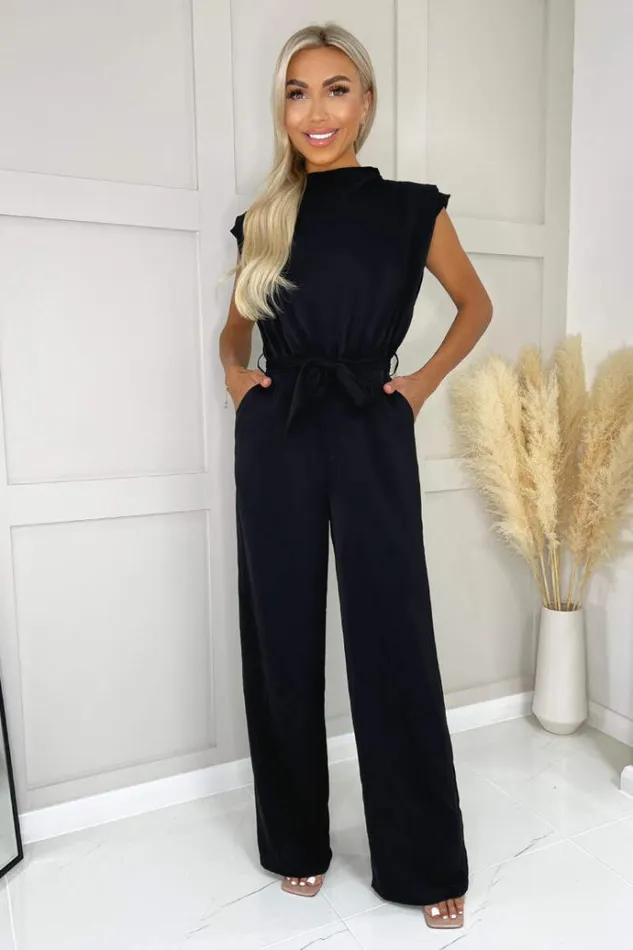 AX Paris Black Tie Waist Wide Leg Jumpsuit Women Jumpsuits And Playsuits