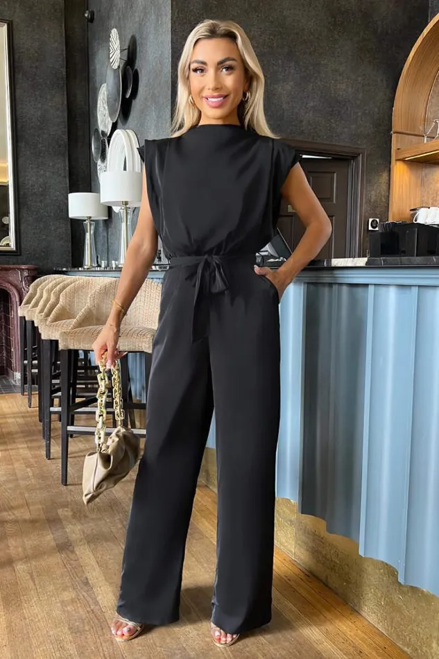 AX Paris Black Tie Waist Wide Leg Jumpsuit Women Jumpsuits And Playsuits