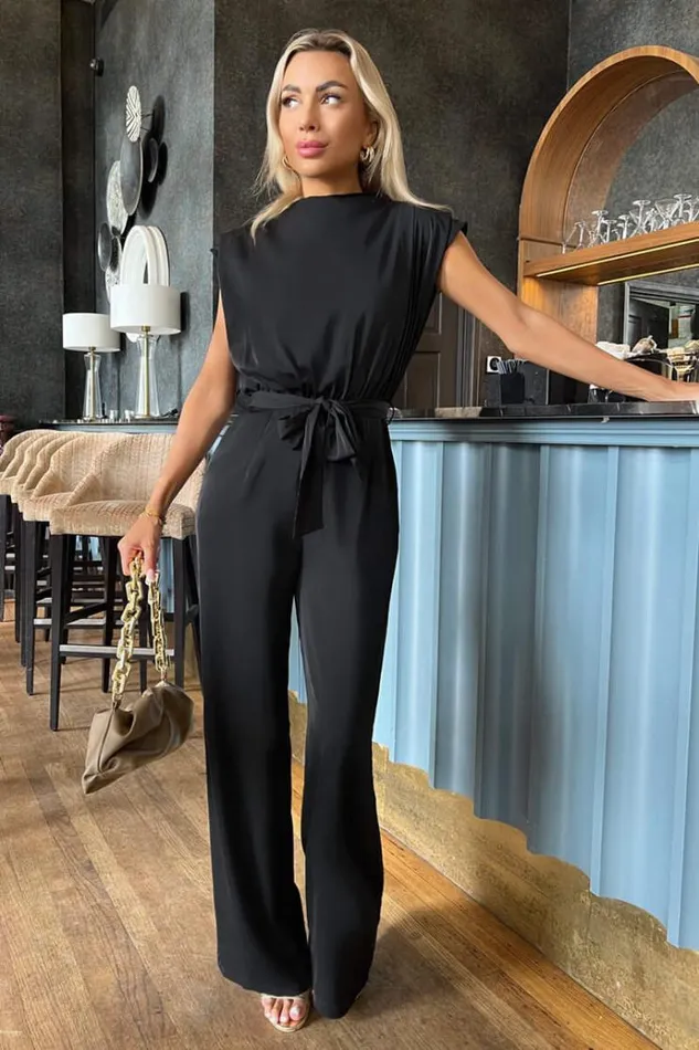 AX Paris Black Tie Waist Wide Leg Jumpsuit Women Jumpsuits And Playsuits