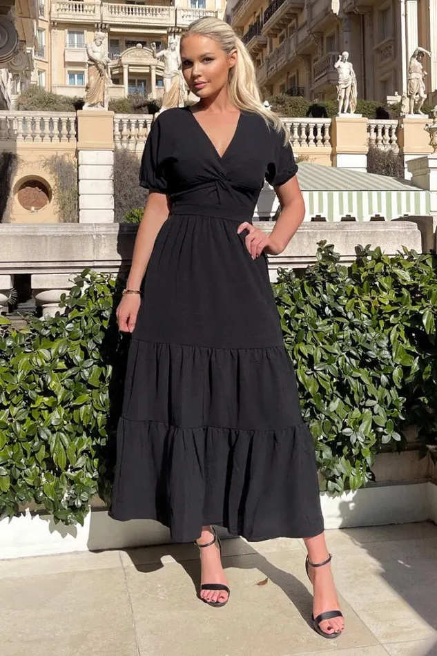 AX Paris Black Twist Front Maxi Smock Dress Women Dresses