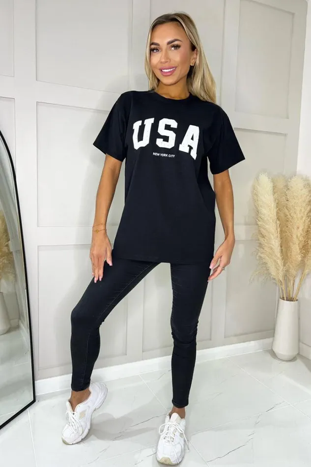 AX Paris Black USA Slogan T Shirt Women Loungewear