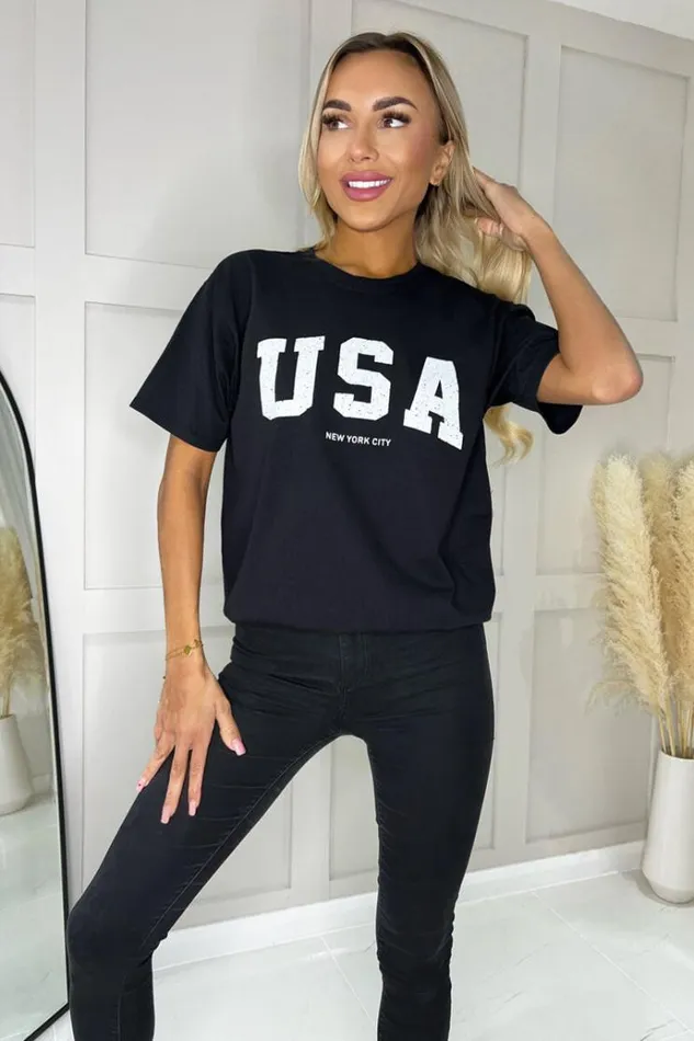 AX Paris Black USA Slogan T Shirt Women Loungewear