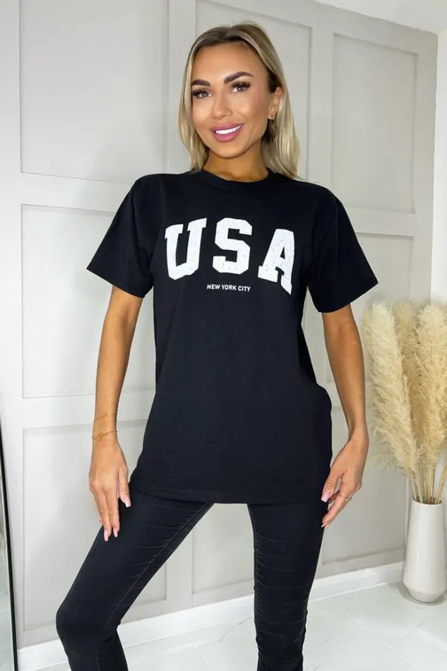 AX Paris Black USA Slogan T Shirt Women Tops