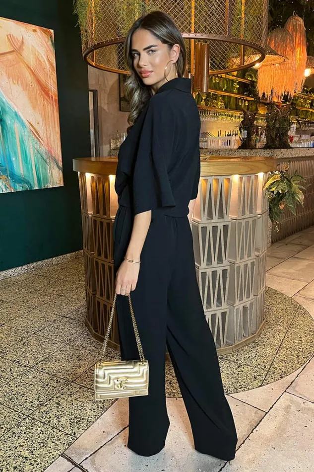 AX Paris Black VNeck Collar Tie Front Shirt Women Coords
