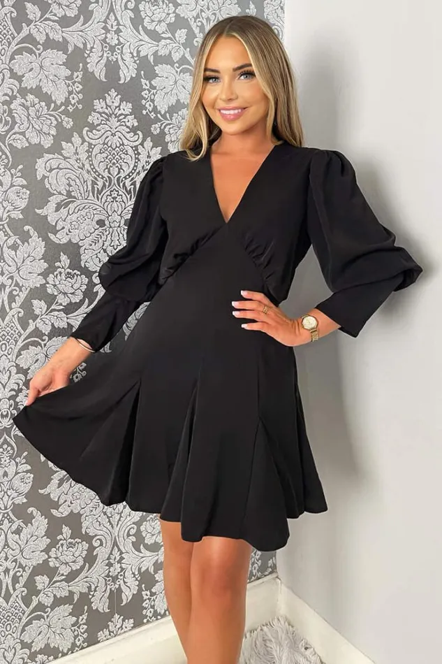 AX Paris Black VNeck Long Sleeve Skater Dress Women Dresses