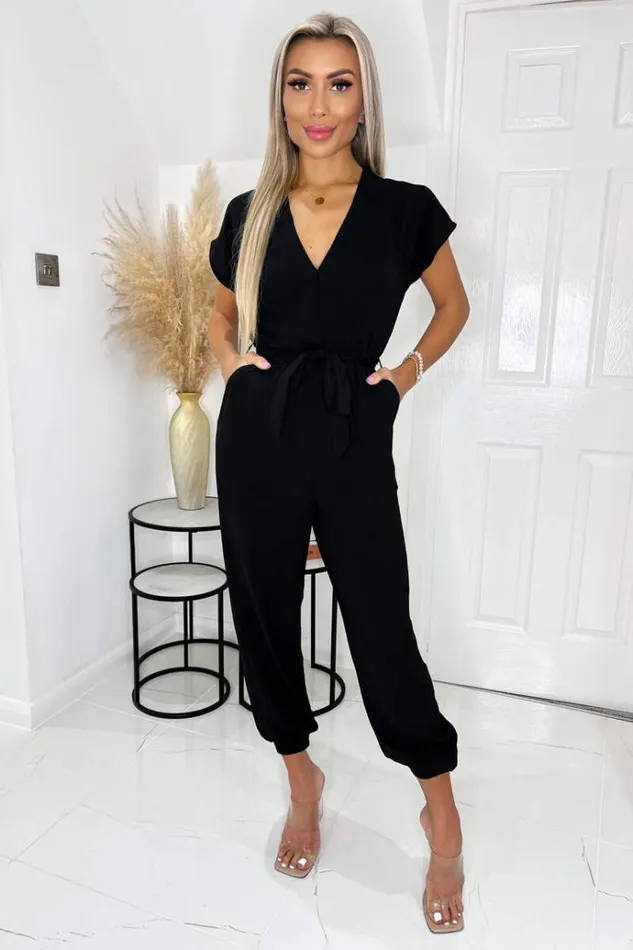 AX Paris Black V Neck Short Sleeve Belted Elasticated Cuff Jumpsuit Women Jumpsuits And Playsuits AX Paris Black V Neck Short Sleeve Belted Elasticated Cuff Jumpsuit Women Jumpsuits And Playsuits