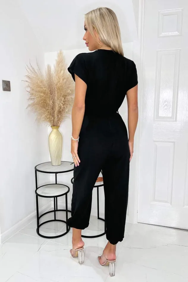 AX Paris Black V Neck Short Sleeve Belted Elasticated Cuff Jumpsuit Women Jumpsuits And Playsuits