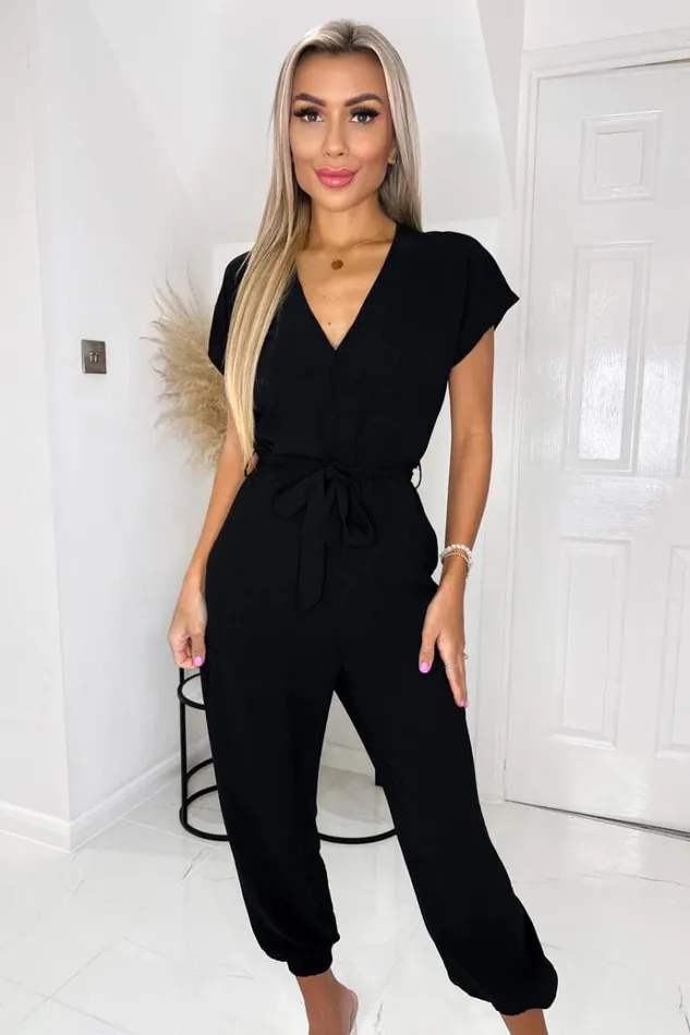 AX Paris Black V Neck Short Sleeve Belted Elasticated Cuff Jumpsuit Women Jumpsuits And Playsuits