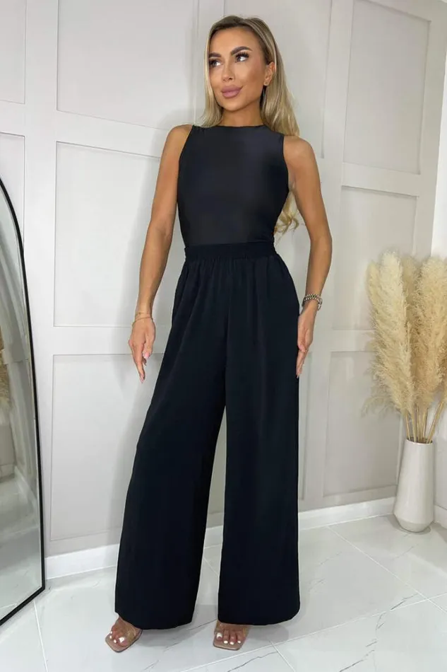 AX Paris Black Wide Leg Trousers With Elasticated Waist Women Coords
