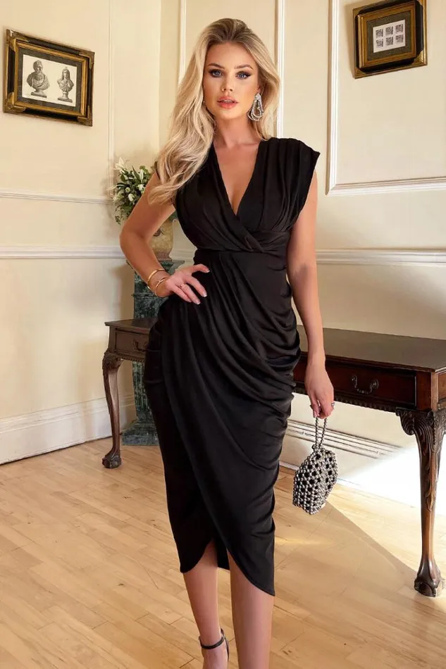 AX Paris Black Wrap Draped Midi Dress Women Dresses