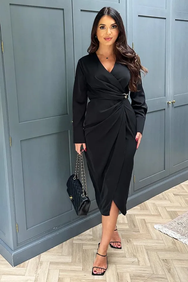 AX Paris Black Wrap Gold Buckle Midi Dress Women Dresses